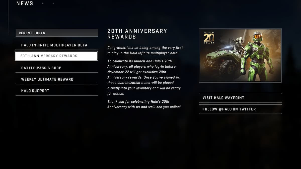 如何解鎖 Halo Infinite 中的 20 週年紀念物品