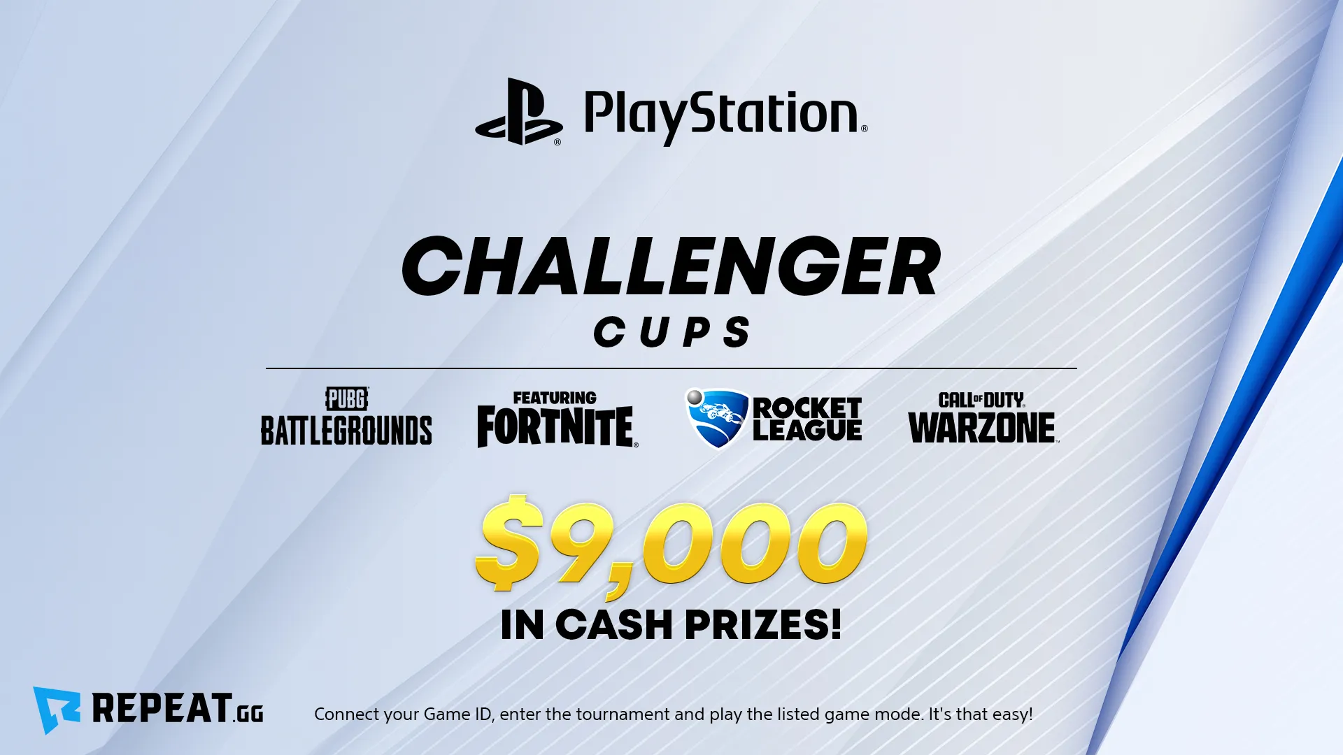 在Fortnite，Warzone，Rocket League和Pubg Playstation Challenger Cups比赛中比赛并赢得胜利